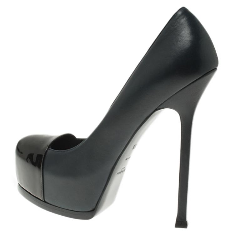 Pre Owned Saint Laurent Paris Navy Blue Leather and Black Patent Cap Toe Tribtoo Platform Pumps Size 37.5