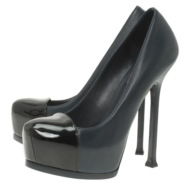 Pre Owned Saint Laurent Paris Navy Blue Leather and Black Patent Cap Toe Tribtoo Platform Pumps Size 37.5