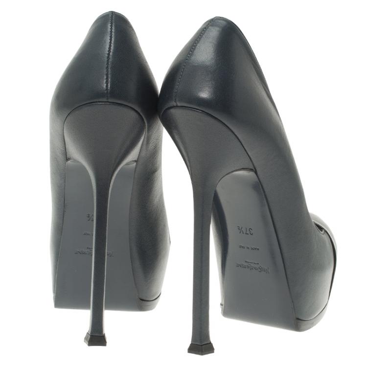 Pre Owned Saint Laurent Paris Navy Blue Leather and Black Patent Cap Toe Tribtoo Platform Pumps Size 37.5