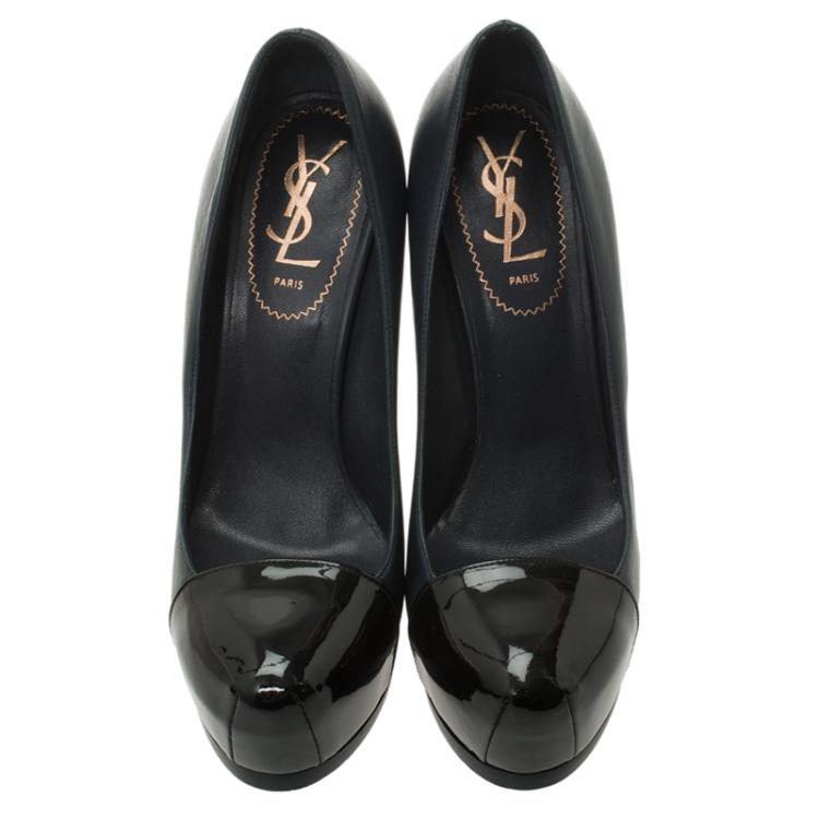 Pre Owned Saint Laurent Paris Navy Blue Leather and Black Patent Cap Toe Tribtoo Platform Pumps Size 37.5