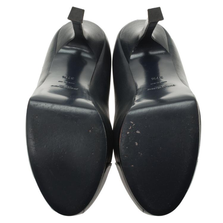 Pre Owned Saint Laurent Paris Navy Blue Leather and Black Patent Cap Toe Tribtoo Platform Pumps Size 37.5