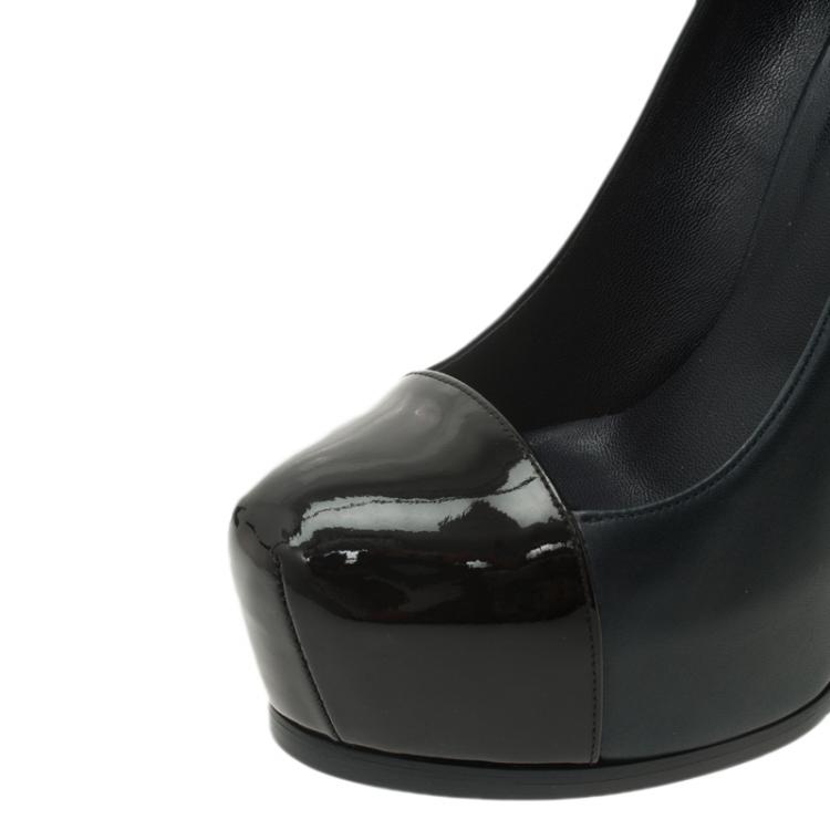 Pre Owned Saint Laurent Paris Navy Blue Leather and Black Patent Cap Toe Tribtoo Platform Pumps Size 37.5