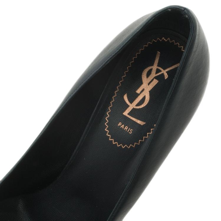 Pre Owned Saint Laurent Paris Navy Blue Leather and Black Patent Cap Toe Tribtoo Platform Pumps Size 37.5