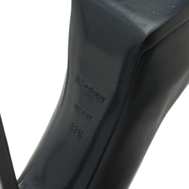 Pre Owned Saint Laurent Paris Navy Blue Leather and Black Patent Cap Toe Tribtoo Platform Pumps Size 37.5