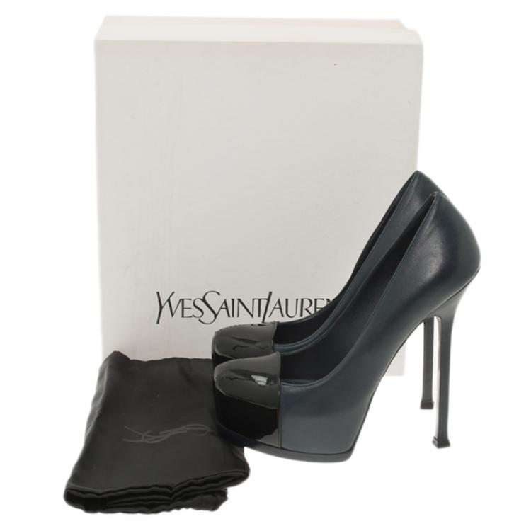 Pre Owned Saint Laurent Paris Navy Blue Leather and Black Patent Cap Toe Tribtoo Platform Pumps Size 37.5