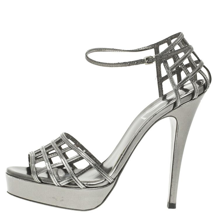 シューズ・サンダルその他 SAINT LAURENT Woman Heeled sandals Grey 606713AAAOE 1906 YSL Saint Laurent Women's Tribute Dark Gray Heels Size 37 | eBay