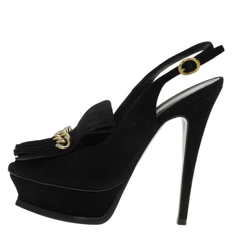 Pre Owned Saint Laurent Paris Black Suede Tribute Fringe Chain Detail Platform Slingback Sandals Size 36