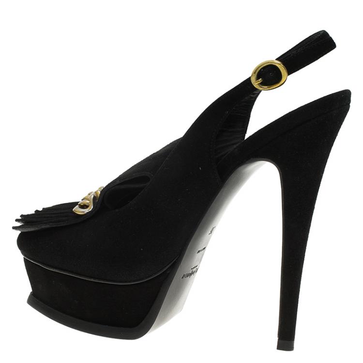 Pre Owned Saint Laurent Paris Black Suede Tribute Fringe Chain Detail Platform Slingback Sandals Size 36