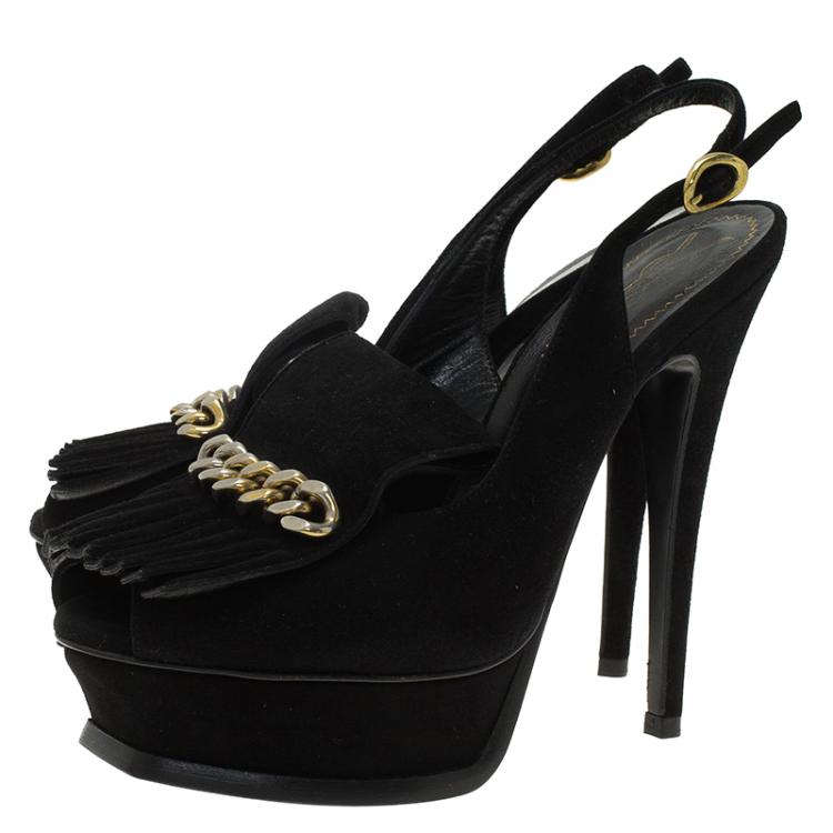 Pre Owned Saint Laurent Paris Black Suede Tribute Fringe Chain Detail Platform Slingback Sandals Size 36