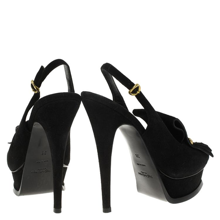 Pre Owned Saint Laurent Paris Black Suede Tribute Fringe Chain Detail Platform Slingback Sandals Size 36