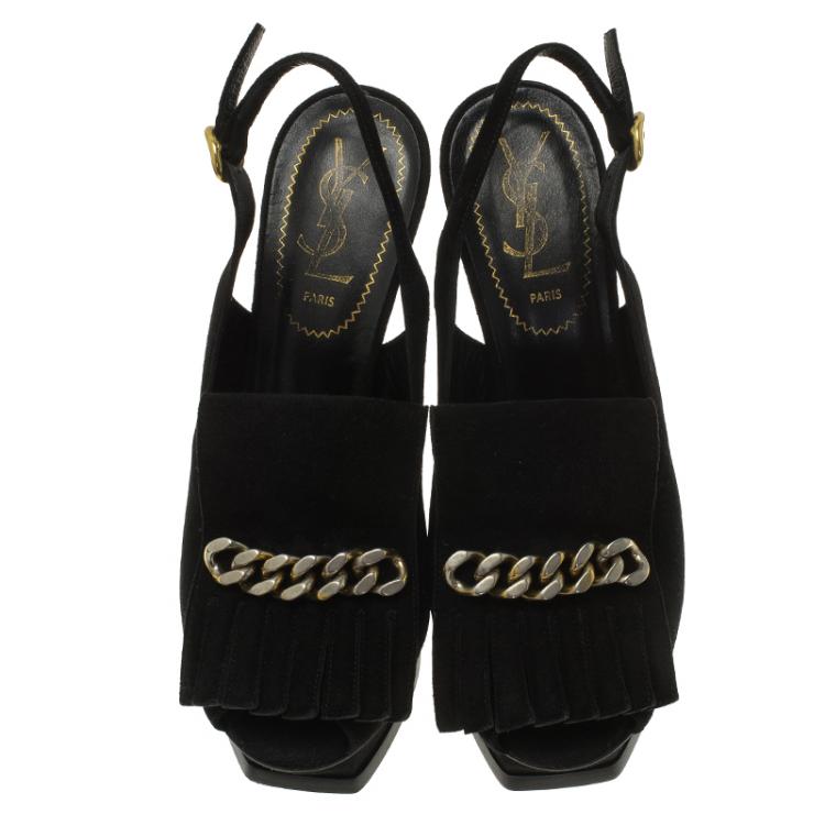 Pre Owned Saint Laurent Paris Black Suede Tribute Fringe Chain Detail Platform Slingback Sandals Size 36