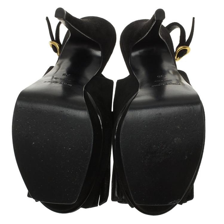Pre Owned Saint Laurent Paris Black Suede Tribute Fringe Chain Detail Platform Slingback Sandals Size 36