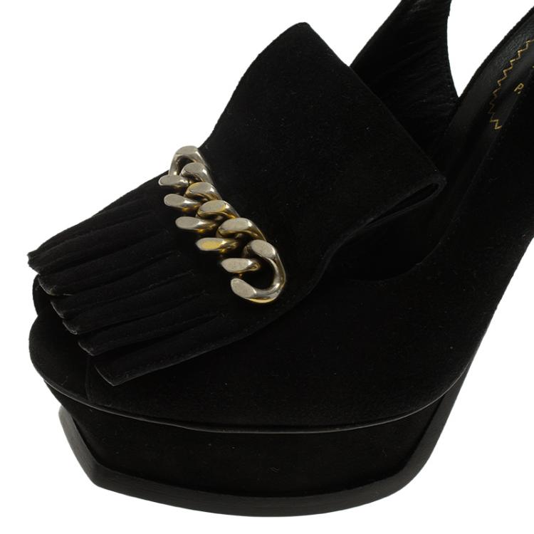 Pre Owned Saint Laurent Paris Black Suede Tribute Fringe Chain Detail Platform Slingback Sandals Size 36