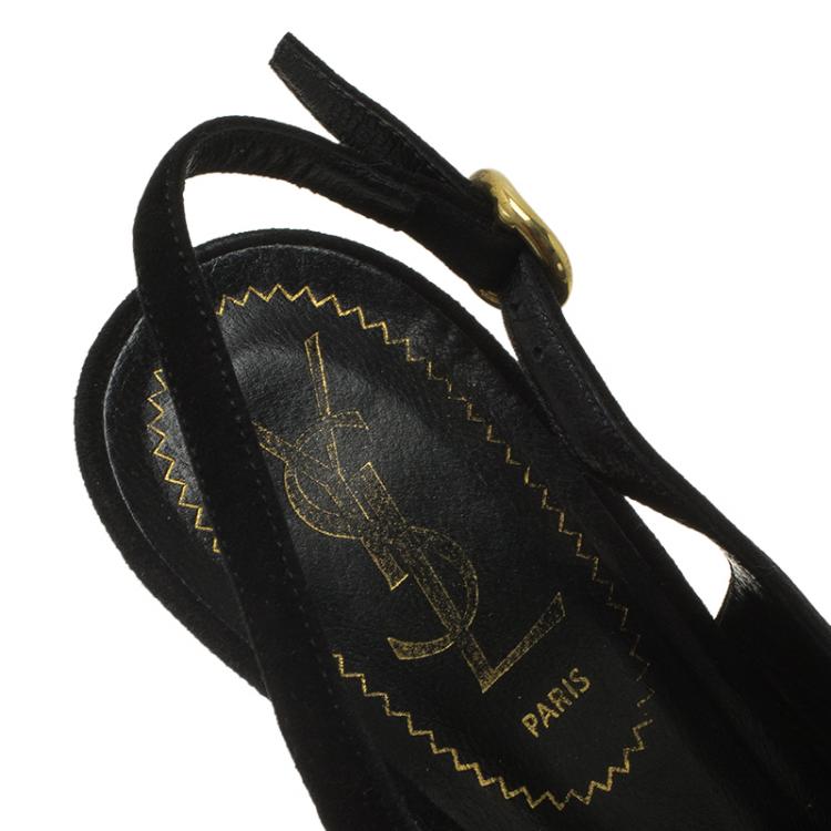 Pre Owned Saint Laurent Paris Black Suede Tribute Fringe Chain Detail Platform Slingback Sandals Size 36
