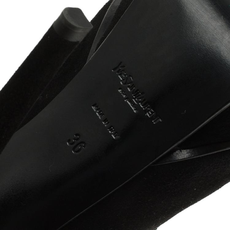 Pre Owned Saint Laurent Paris Black Suede Tribute Fringe Chain Detail Platform Slingback Sandals Size 36