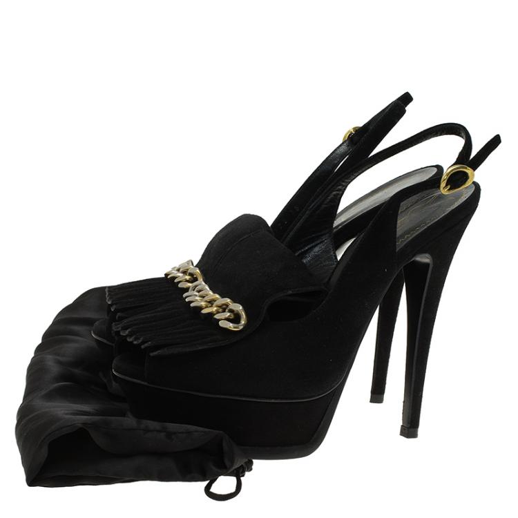 Pre Owned Saint Laurent Paris Black Suede Tribute Fringe Chain Detail Platform Slingback Sandals Size 36