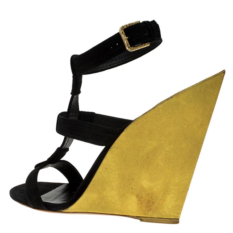 Pre Owned Saint Laurent Paris Black Suede Totem Wedge Sandals Size 39.5
