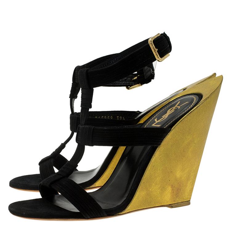 Pre Owned Saint Laurent Paris Black Suede Totem Wedge Sandals Size 39.5