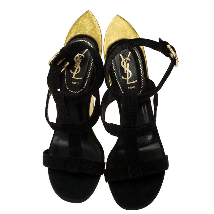 Pre Owned Saint Laurent Paris Black Suede Totem Wedge Sandals Size 39.5