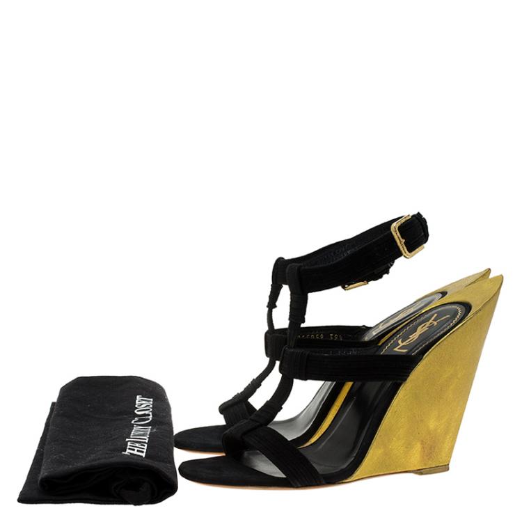 Pre Owned Saint Laurent Paris Black Suede Totem Wedge Sandals Size 39.5