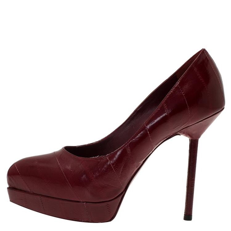 Pre Owned Saint Laurent Paris Burgundy Leather Divine Pointed Platform Pumps Size 35.5