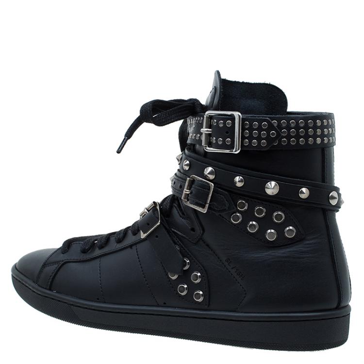 Pre Owned Saint Laurent Paris Black Spike Leather High Top Buckle Sneakers Size 39