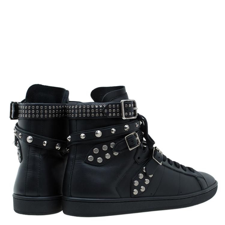 Pre Owned Saint Laurent Paris Black Spike Leather High Top Buckle Sneakers Size 39