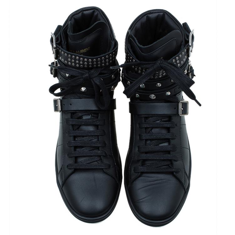 Pre Owned Saint Laurent Paris Black Spike Leather High Top Buckle Sneakers Size 39