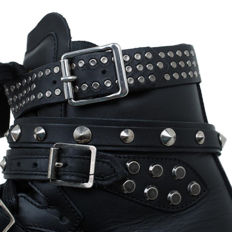 Pre Owned Saint Laurent Paris Black Spike Leather High Top Buckle Sneakers Size 39