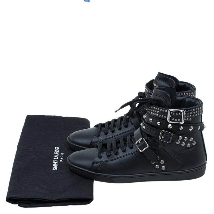Pre Owned Saint Laurent Paris Black Spike Leather High Top Buckle Sneakers Size 39