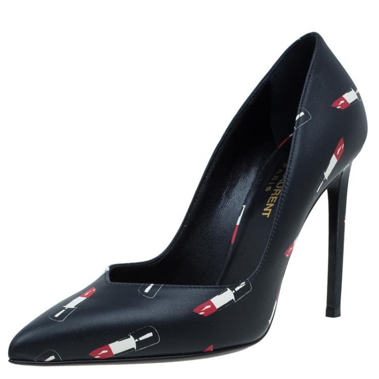 Pre Owned Saint Laurent Paris Black Lipstick Print Leather Pointed Toe Pumps Size 37