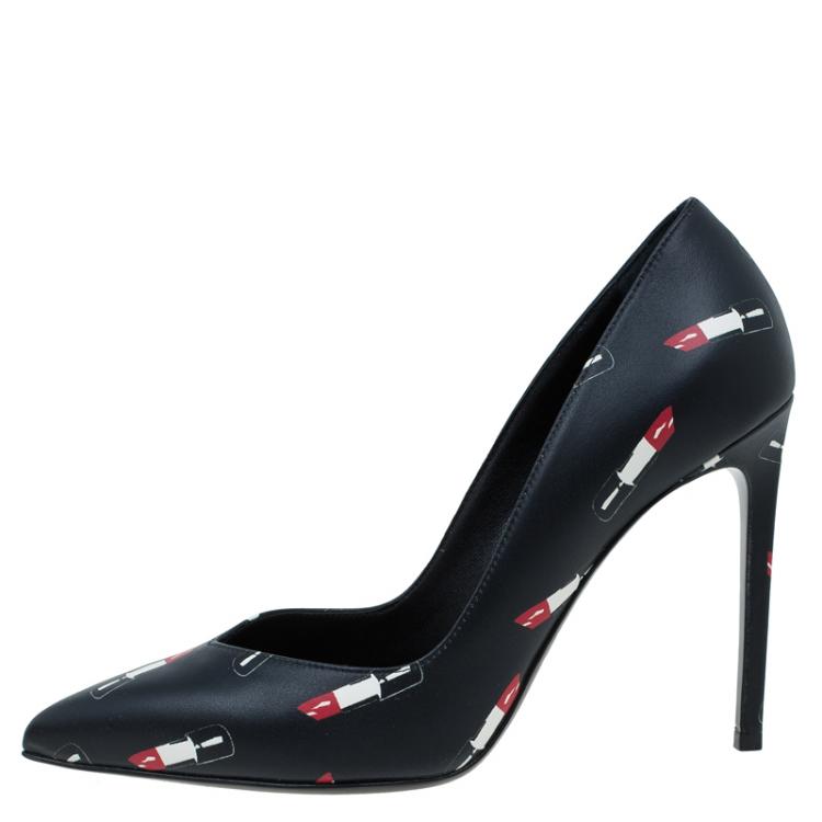 Pre Owned Saint Laurent Paris Black Lipstick Print Leather Pointed Toe Pumps Size 37