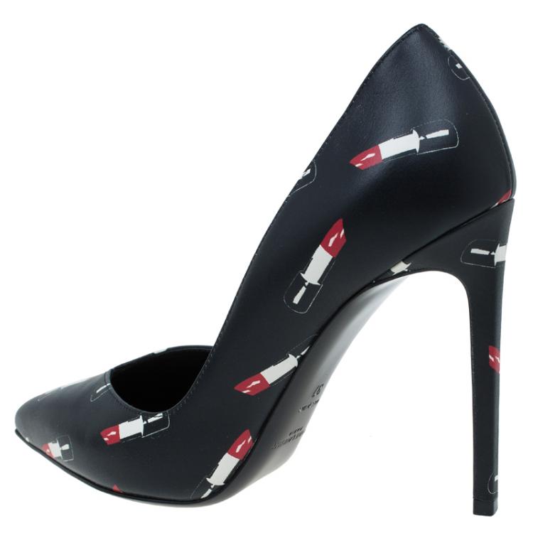 Pre Owned Saint Laurent Paris Black Lipstick Print Leather Pointed Toe Pumps Size 37
