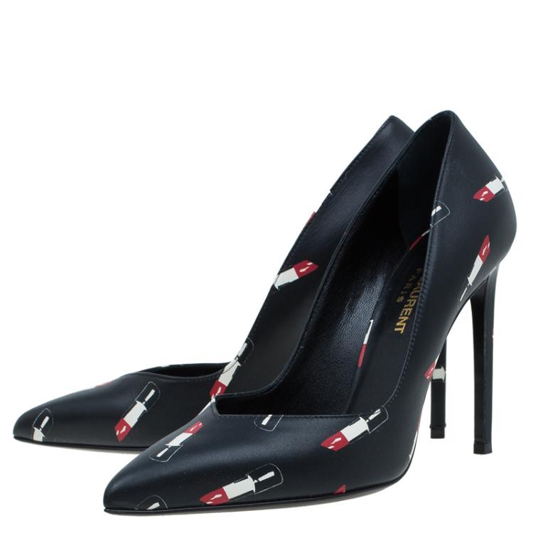 Pre Owned Saint Laurent Paris Black Lipstick Print Leather Pointed Toe Pumps Size 37