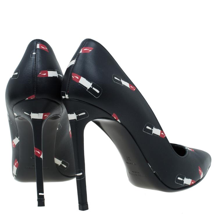 Pre Owned Saint Laurent Paris Black Lipstick Print Leather Pointed Toe Pumps Size 37