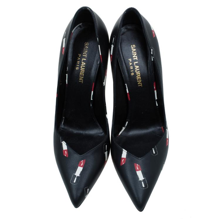Pre Owned Saint Laurent Paris Black Lipstick Print Leather Pointed Toe Pumps Size 37