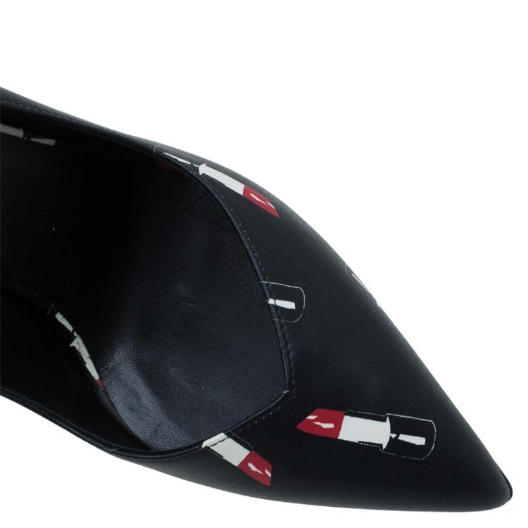 Pre Owned Saint Laurent Paris Black Lipstick Print Leather Pointed Toe Pumps Size 37