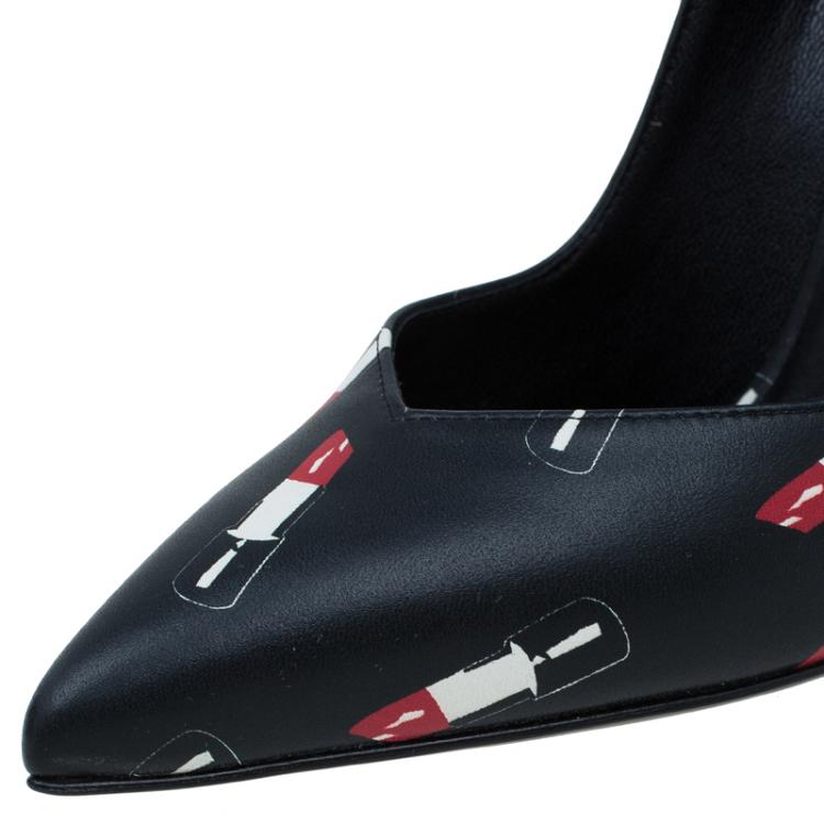 Pre Owned Saint Laurent Paris Black Lipstick Print Leather Pointed Toe Pumps Size 37