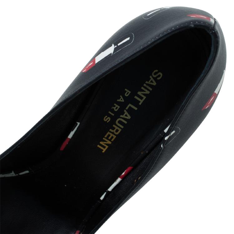 Pre Owned Saint Laurent Paris Black Lipstick Print Leather Pointed Toe Pumps Size 37