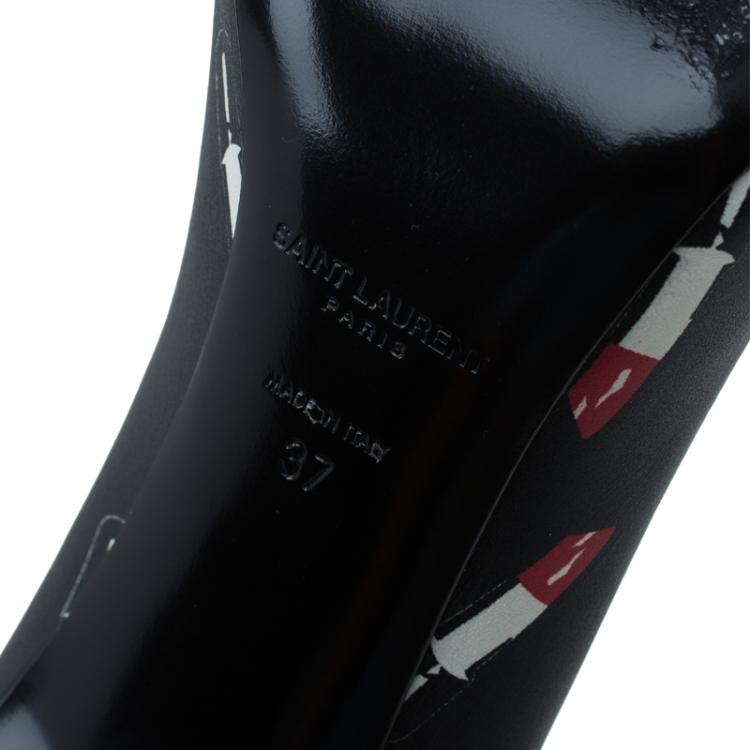 Pre Owned Saint Laurent Paris Black Lipstick Print Leather Pointed Toe Pumps Size 37