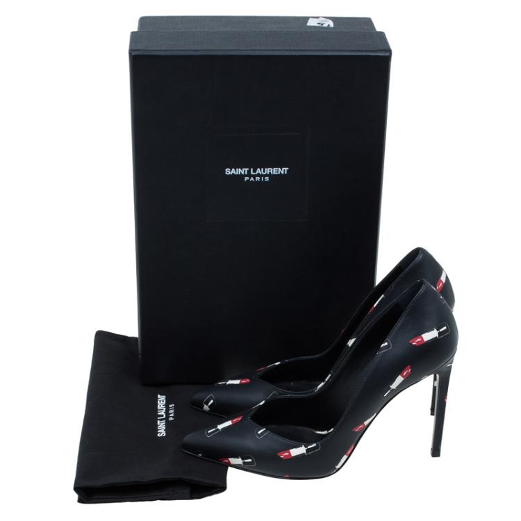 Pre Owned Saint Laurent Paris Black Lipstick Print Leather Pointed Toe Pumps Size 37