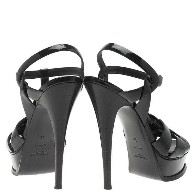 Pre Owned Saint Laurent Paris Black Patent Tribute Platform Sandals Size 38