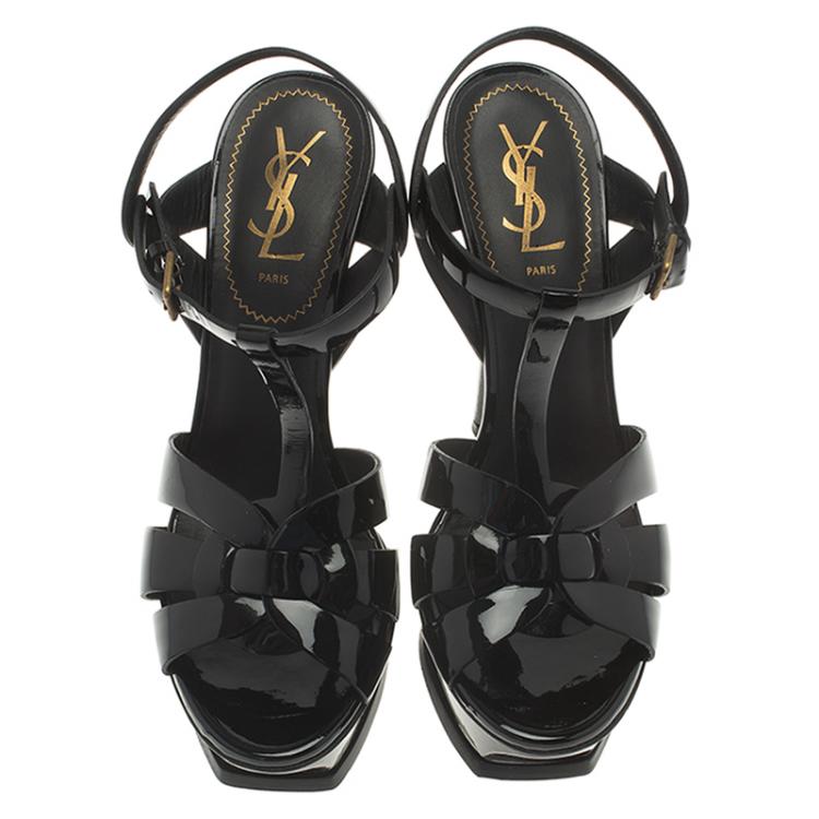Pre Owned Saint Laurent Paris Black Patent Tribute Platform Sandals Size 38
