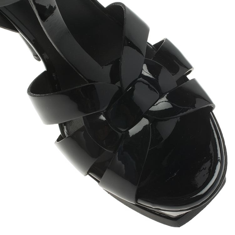 Pre Owned Saint Laurent Paris Black Patent Tribute Platform Sandals Size 38