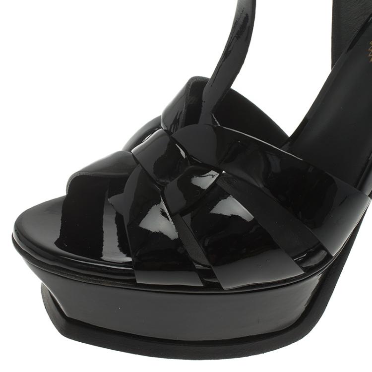 Pre Owned Saint Laurent Paris Black Patent Tribute Platform Sandals Size 38