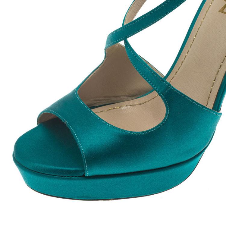 Pre Owned Saint Laurent Paris Turquoise Satin Tribute Cross Strap Platform Sandals Size 38.5