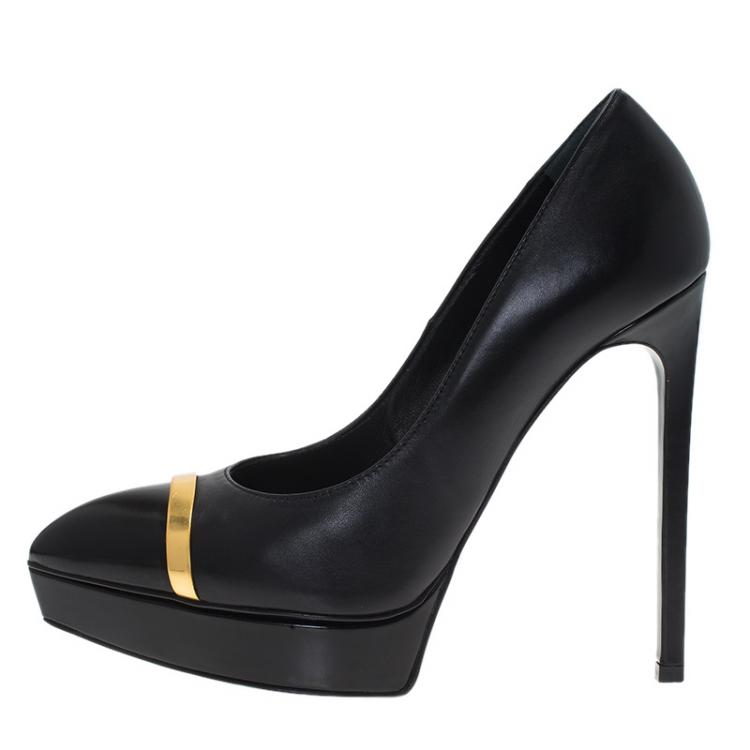 Pre Owned Saint Laurent Black Janis Trimmed Cap Toe Pumps Size 37