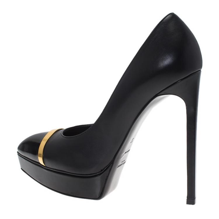 Pre Owned Saint Laurent Black Janis Trimmed Cap Toe Pumps Size 37