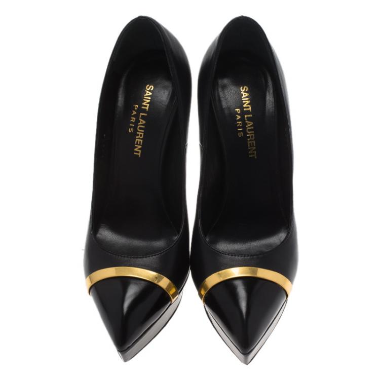 Pre Owned Saint Laurent Black Janis Trimmed Cap Toe Pumps Size 37