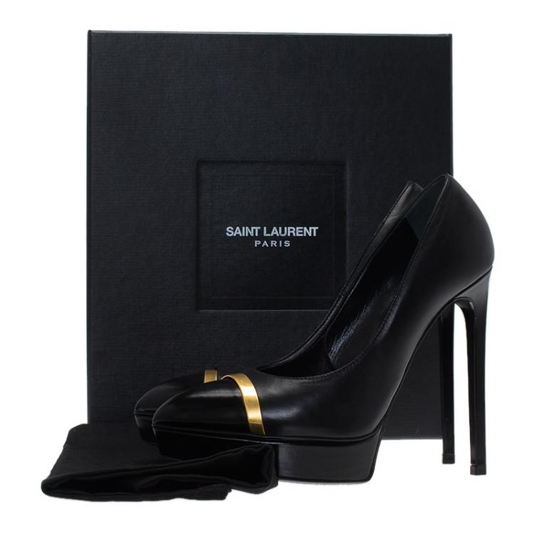 Pre Owned Saint Laurent Black Janis Trimmed Cap Toe Pumps Size 37